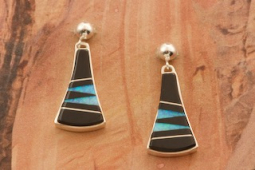 Calvin Begay Genuine Acoma Jet Sterling Silver Earrings